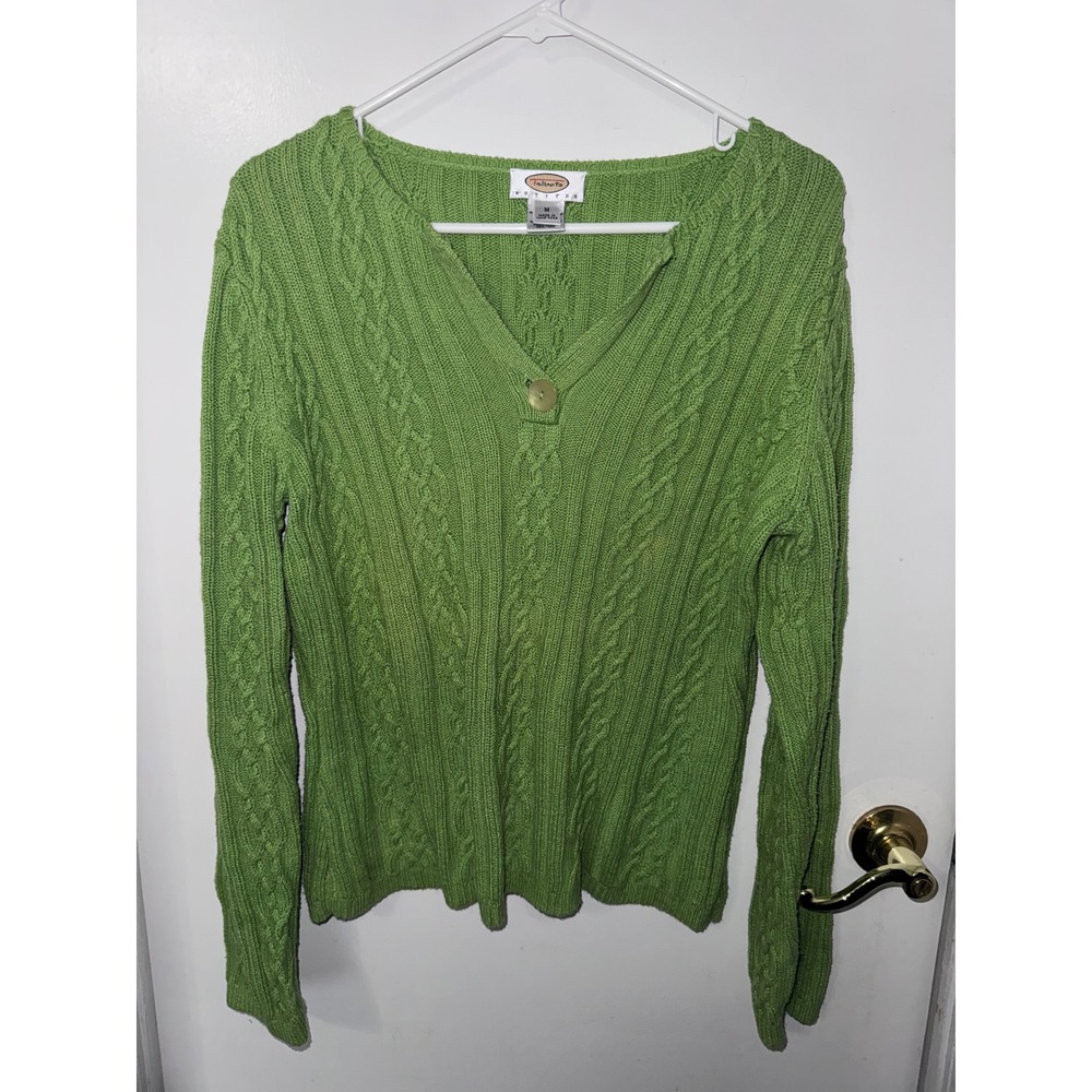 Talbots Petites Green Cable Knit V-Neck Sweater Button Detail Medium P Cotton